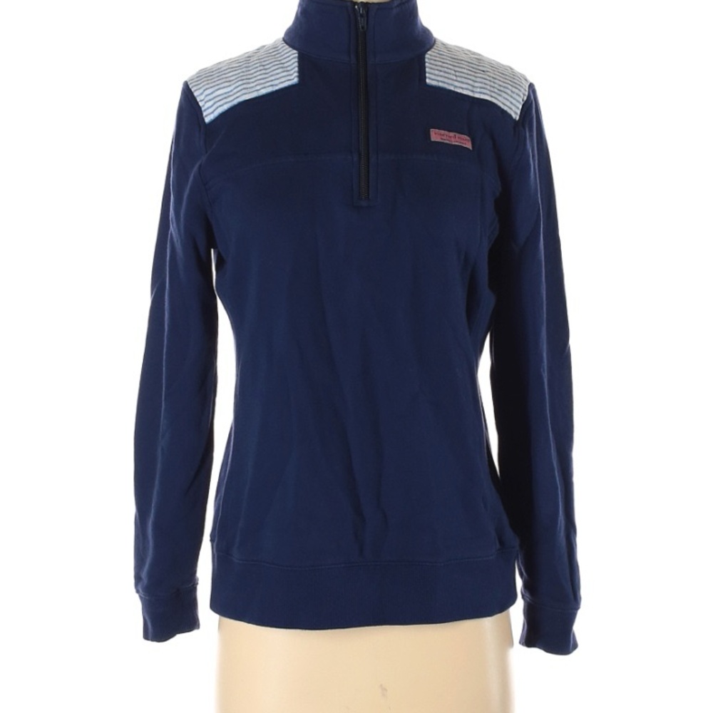 Vineyard Vines Navy Quarter-Zip Pullover with Striped Shoulders